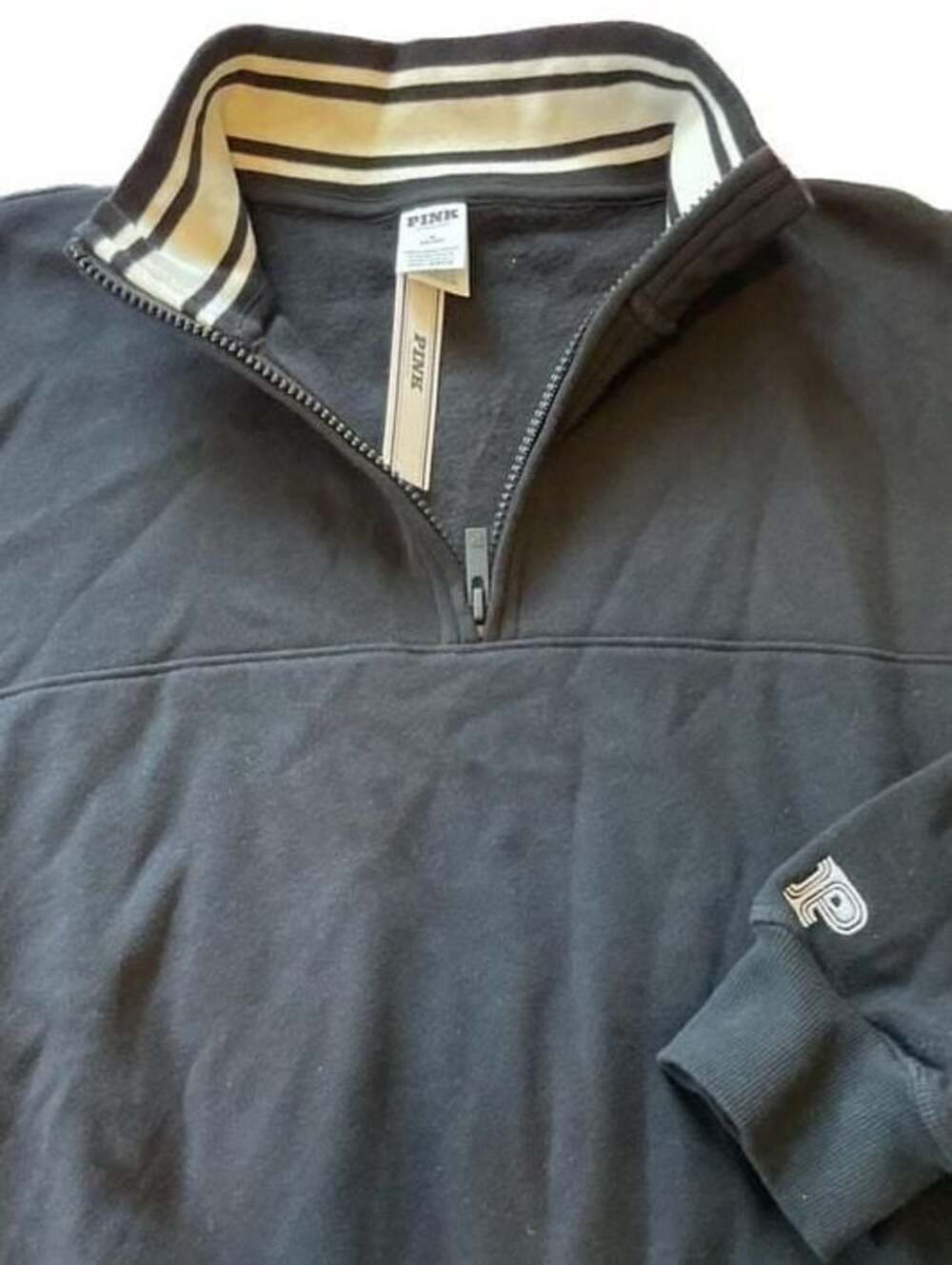 PINK Victoria's Secret Black Quarter-Zip Sweatshirt with Striped Collar Size M
